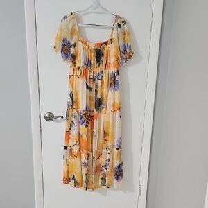 Floral Yellow & Purple Midi Dress - Lightweight Tiered Summer Dress